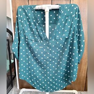 Torrid Size 1 Georgette Blue/Green Blouse with White Dots.